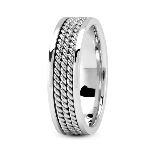 14K White gold 6mm hand made comfort fit wedding band with three ropes design - DELLAFORA