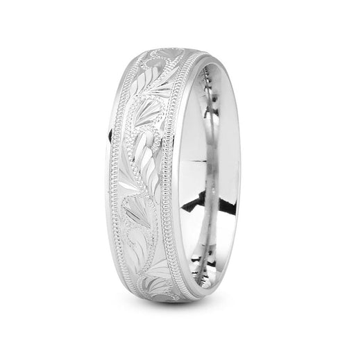 14K White gold 7mm fancy design comfort fit wedding band with leaf and milgrain design - DELLAFORA