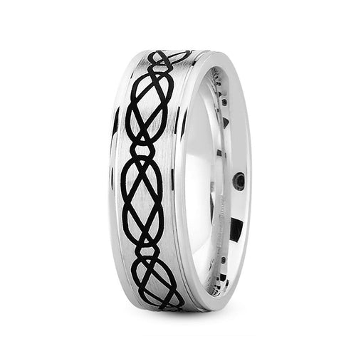 14K White gold 7mm fancy design comfort fit wedding band with linked pattern design - DELLAFORA