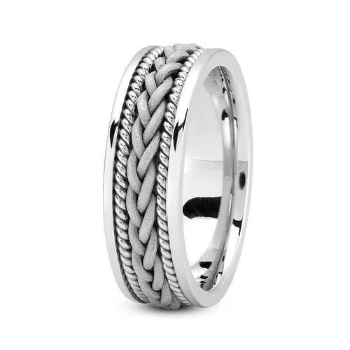 14K White gold 7mm hand made comfort fit wedding band with braided and rope design - DELLAFORA