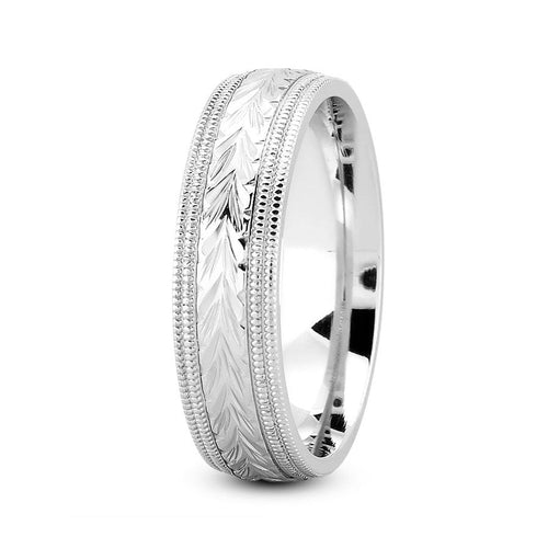 14K White gold 7mm hand made comfort fit wedding band with harringbone and milgrain design - DELLAFORA