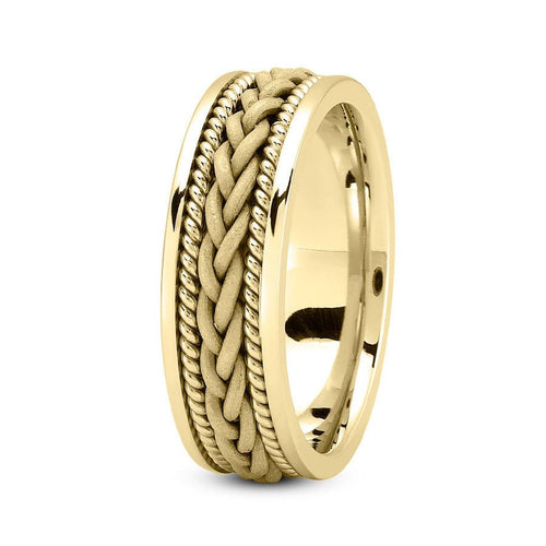14K Yellow Gold 7mm hand made comfort fit wedding band with braided and rope design - DELLAFORA