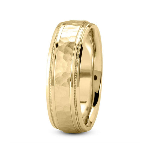 14K Yellow Gold 7mm hand made comfort fit wedding band with hammered center and milgrain edges - DELLAFORA
