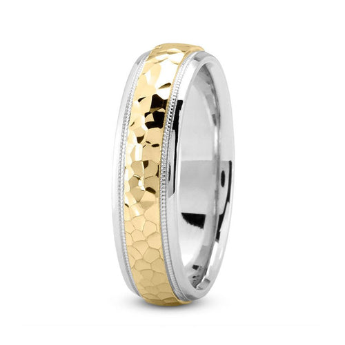18K Two Tone Gold (Yellow Center) 6mm hand made comfort fit wedding band with hammered and milgrain design - DELLAFORA