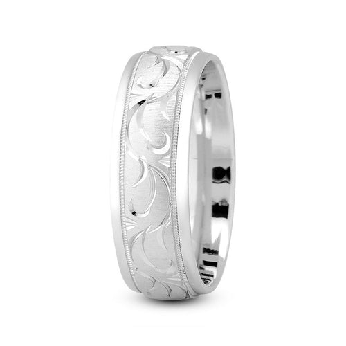 18K White gold 7mm fancy design comfort fit wedding band with paisley cut and milgrain design - DELLAFORA