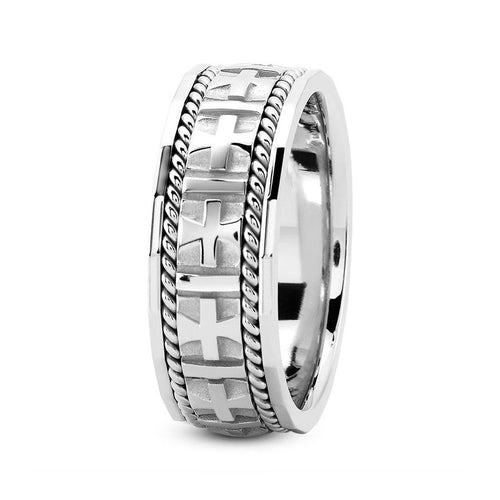 Platinum 8mm fancy design comfort fit wedding band with cross and rope design - DELLAFORA