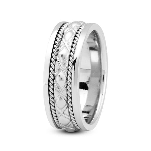 Platinum 8mm fancy design comfort fit wedding band with cross cut and rope design - DELLAFORA