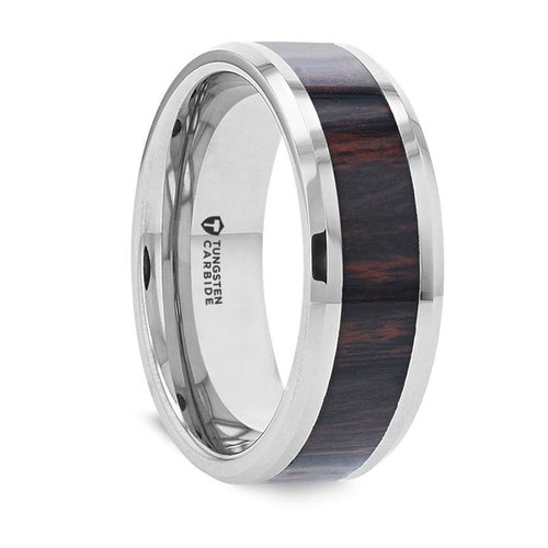 AZTEC Mahogany Inlaid Tungsten Carbide Ring with Polished Beveled Edges - 8mm - DELLAFORA