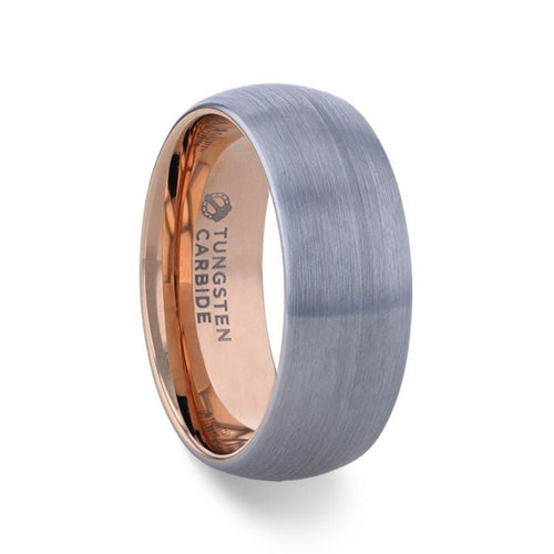 CAMERON Domed Brushed Finish Tungsten Carbide Men's Wedding Band With Rose Gold Ion Plating Interior - 8mm - DELLAFORA
