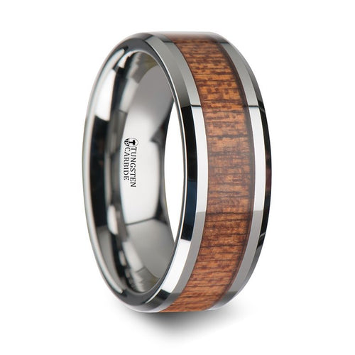 CONGO Tungsten Wedding Band with Polished Bevels and African Sapele Wood Inlay - 8mm - DELLAFORA