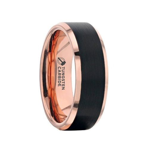 HAYDEN Rose Gold Plated Tungsten Carbide Polished Beveled Ring with Brushed Black Center - 8mm - DELLAFORA