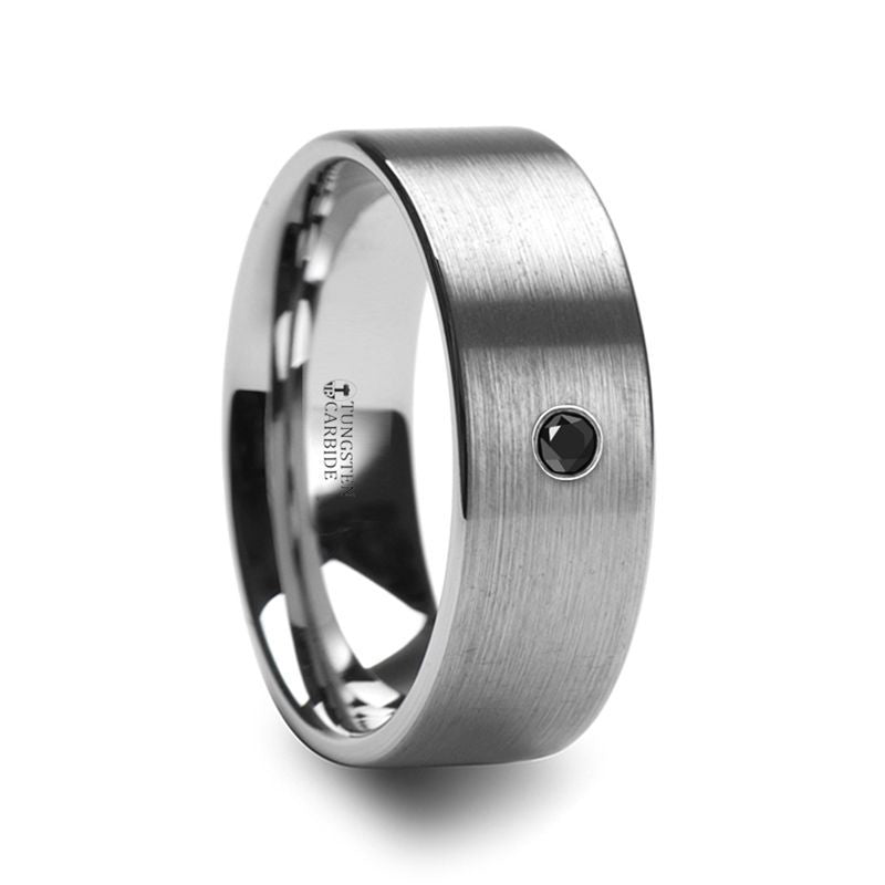 IRENAEUS Flat Brushed Tungsten Carbide Men's Wedding Ring with Black Diamond - 6mm - DELLAFORA