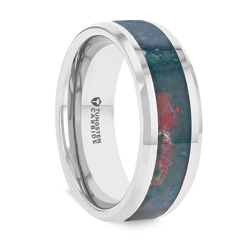 MICAH Bloodstone Inlay Tungsten Carbide Ring with Polished Beveled Edges - 8mm - DELLAFORA