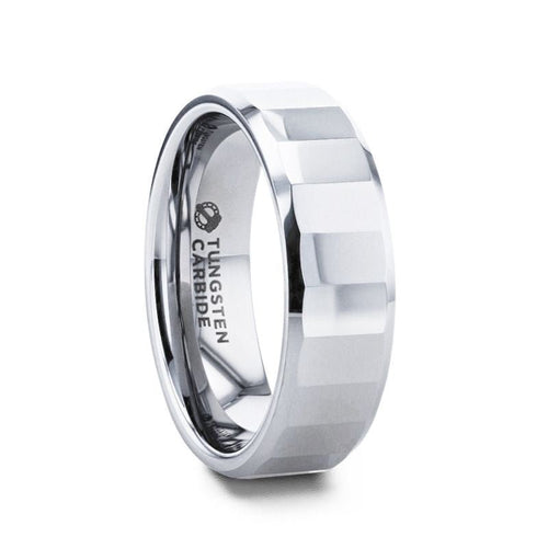 REFLECTOR Faceted Polished Center Tungsten Carbide Men's Wedding Band With Polished Beveled Edges - 8mm - DELLAFORA