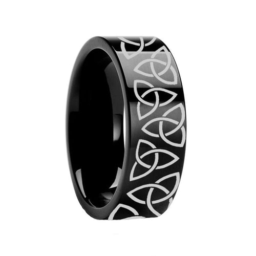 Triquetra Celtic Trinity Ring Engraved Flat Black Tungsten Carbide Ring Polished- 8mm - DELLAFORA