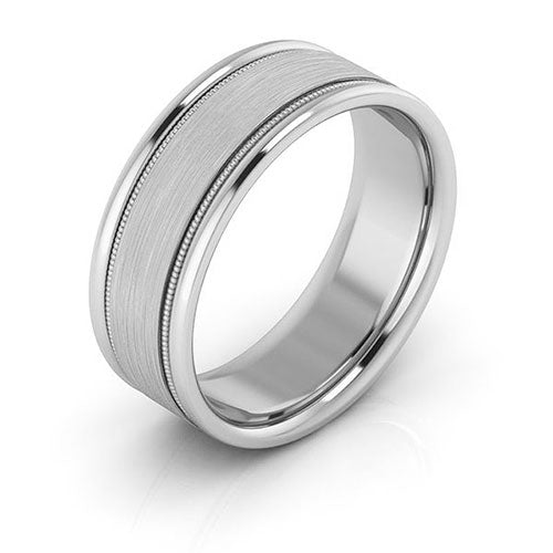 10K White Gold 7mm milgrain raised edge design brushed center comfort fit wedding band - DELLAFORA