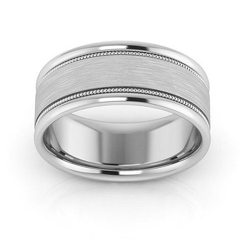 10K White Gold 8mm milgrain raised edge design brushed center comfort fit wedding band - DELLAFORA
