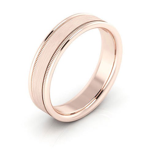 14K Rose Gold 5mm milgrain raised edge design brushed center comfort fit wedding band - DELLAFORA