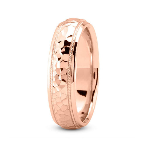 14K Rose Gold 6mm hand made comfort fit wedding band with hammered and milgrain design - DELLAFORA