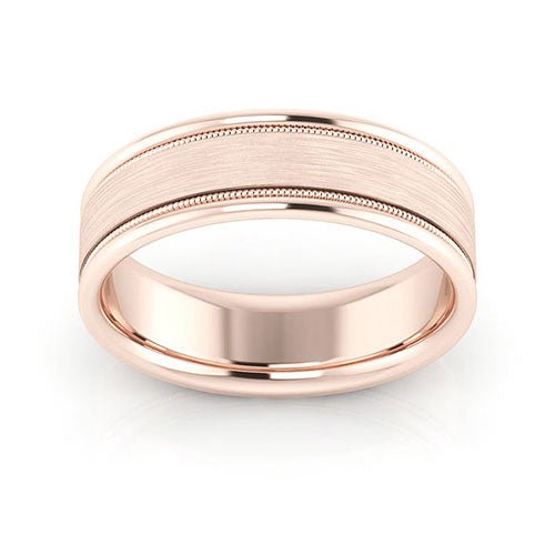 14K Rose Gold 6mm milgrain raised edge design brushed center comfort fit wedding band - DELLAFORA