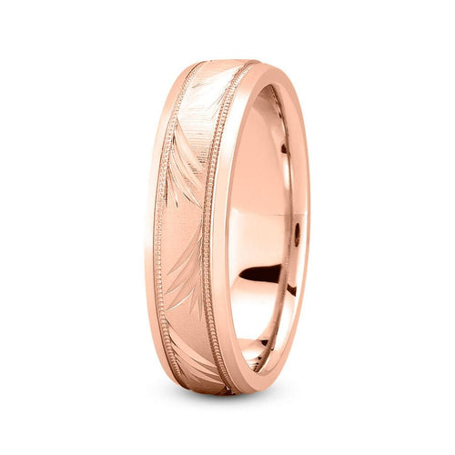 14K Rose Gold 6mm nature inspired comfort fit wedding band with diagonal leaf and milgrain design - DELLAFORA