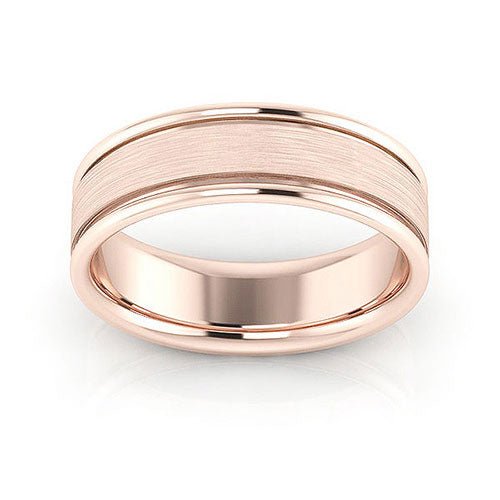 14K Rose Gold 6mm raised edge design brushed center comfort fit wedding band - DELLAFORA