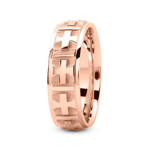 14K Rose Gold 7mm fancy design comfort fit wedding band with cross center design - DELLAFORA