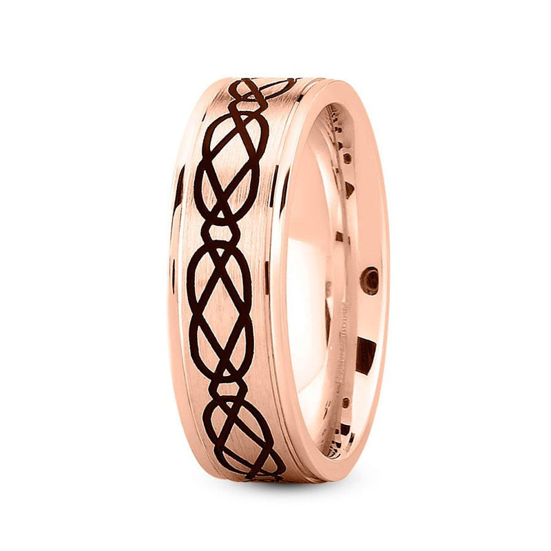 14K Rose Gold 7mm fancy design comfort fit wedding band with linked pattern design - DELLAFORA