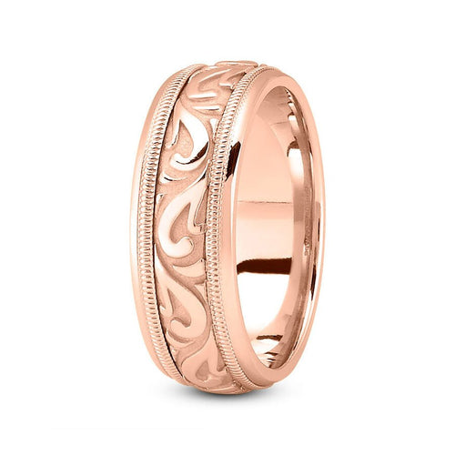 14K Rose Gold 7mm fancy design comfort fit wedding band with paisley and milgrain design - DELLAFORA