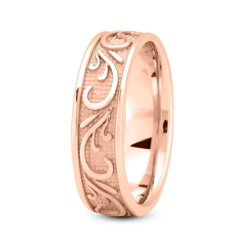 14K Rose Gold 7mm fancy design comfort fit wedding band with paisley design - DELLAFORA