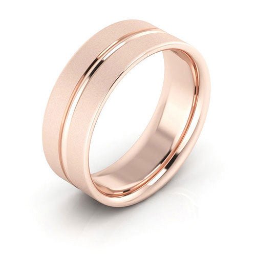 14K Rose Gold 7mm grooved design brushed comfort fit wedding band - DELLAFORA