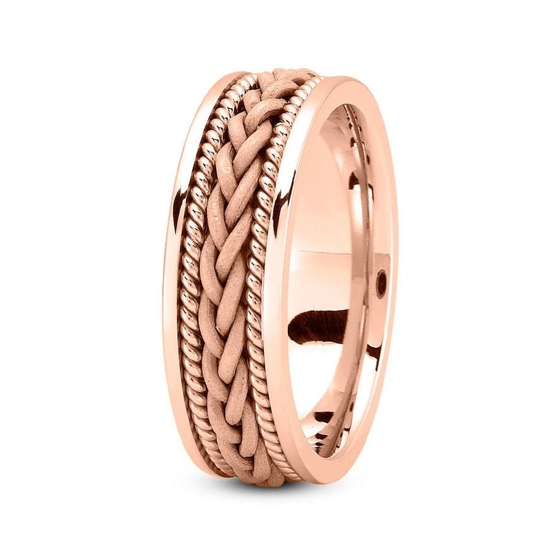 14K Rose Gold 7mm hand made comfort fit wedding band with braided and rope design - DELLAFORA