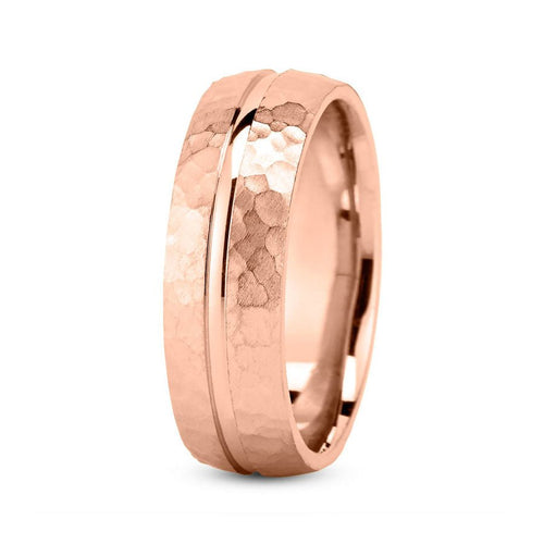 14K Rose Gold 7mm hand made comfort fit wedding band with center grooved and hammered design - DELLAFORA