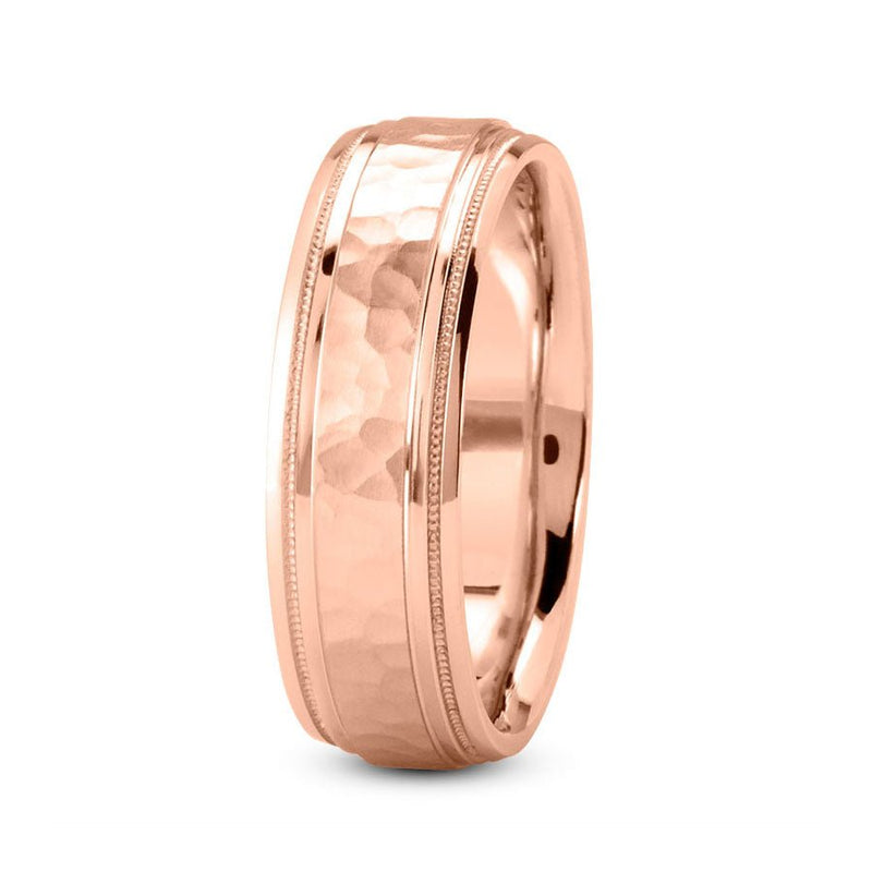 14K Rose Gold 7mm hand made comfort fit wedding band with hammered center and milgrain edges - DELLAFORA