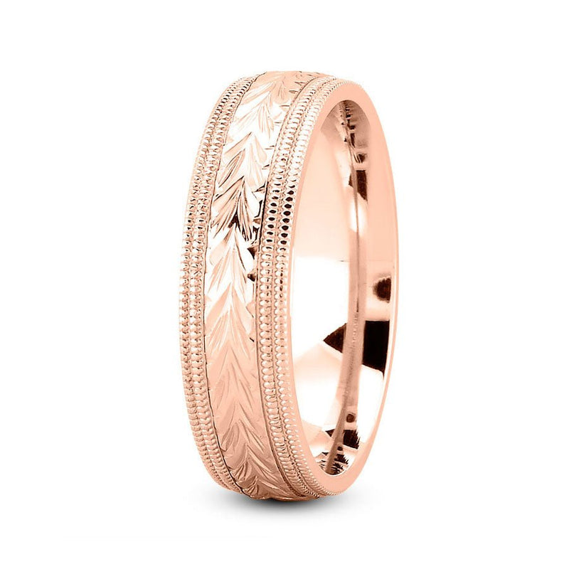 14K Rose Gold 7mm hand made comfort fit wedding band with harringbone and milgrain design - DELLAFORA