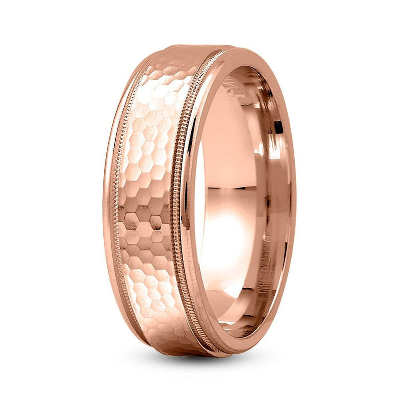 14K Rose Gold 7mm hand made comfort fit wedding band with tiny hammered and milgrain design - DELLAFORA