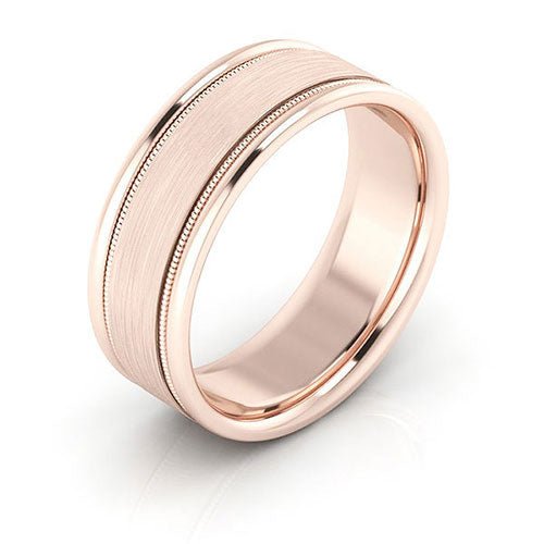 14K Rose Gold 7mm milgrain raised edge design brushed center comfort fit wedding band - DELLAFORA