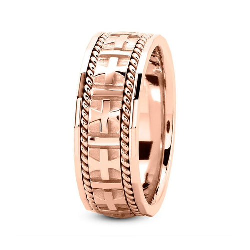 14K Rose Gold 8mm fancy design comfort fit wedding band with cross and rope design - DELLAFORA