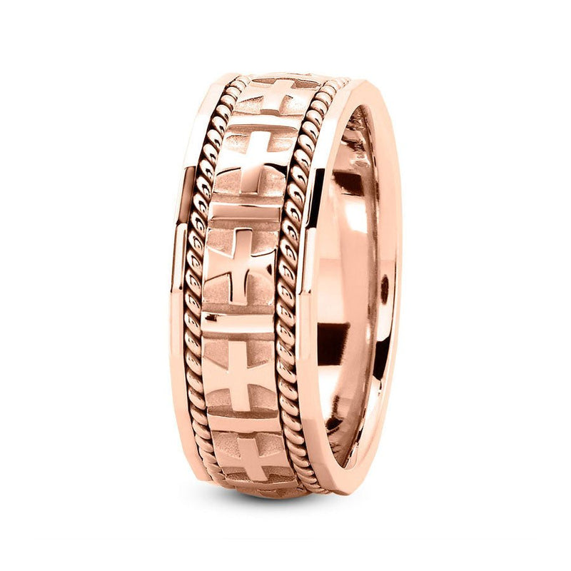 14K Rose Gold 8mm fancy design comfort fit wedding band with cross and rope design - DELLAFORA