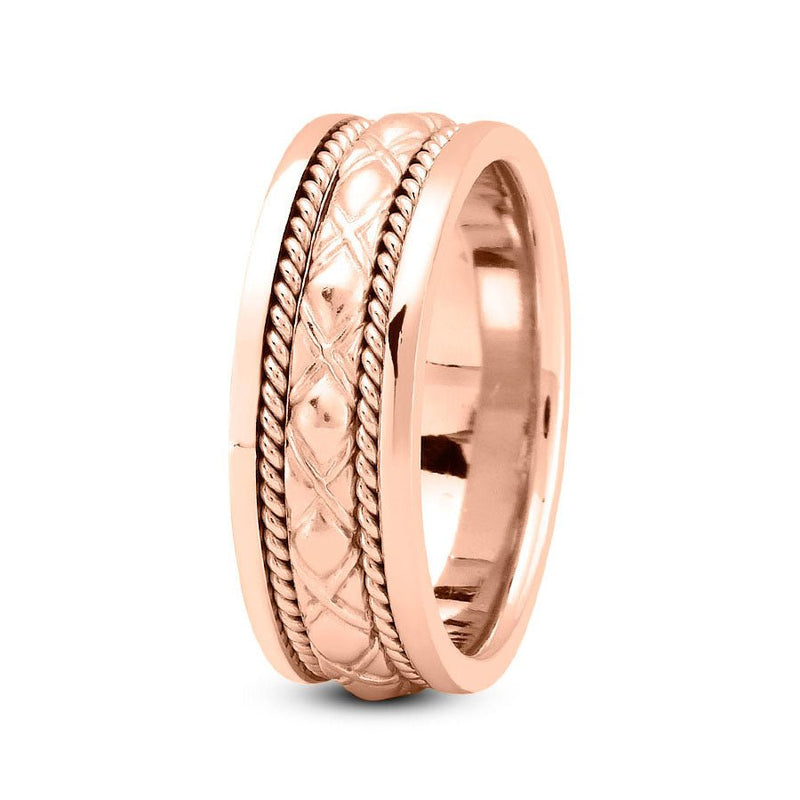 14K Rose Gold 8mm fancy design comfort fit wedding band with cross cut and rope design - DELLAFORA
