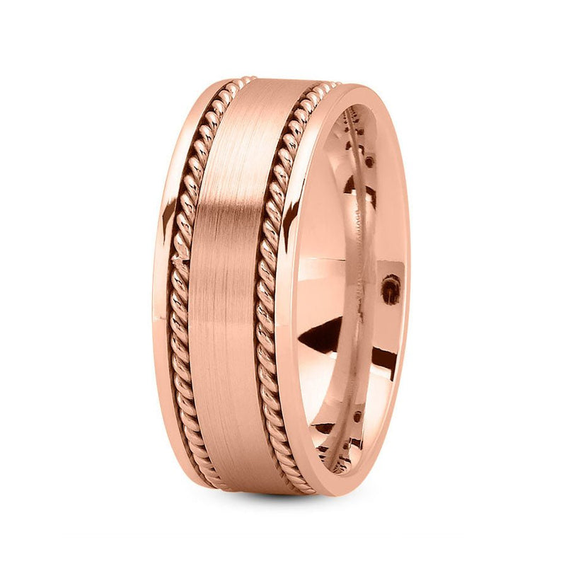 14K Rose Gold 8mm fancy design comfort fit wedding band with satin center and rope design - DELLAFORA
