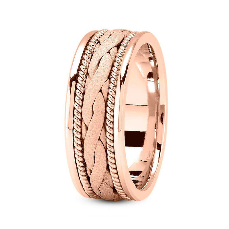14K Rose Gold 8mm hand made comfort fit wedding band with wide braided and rope design - DELLAFORA