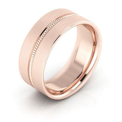 14K Rose Gold 8mm milgrain grooved design brushed comfort fit wedding band - DELLAFORA