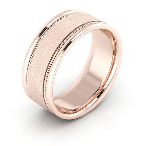 14K Rose Gold 8mm milgrain raised edge design brushed center comfort fit wedding band - DELLAFORA