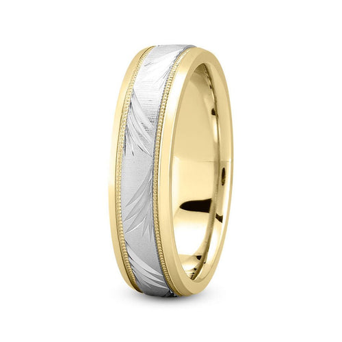 14K Two Tone Gold (White Center) 6mm nature inspired comfort fit wedding band with diagonal leaf and milgrain design - DELLAFORA