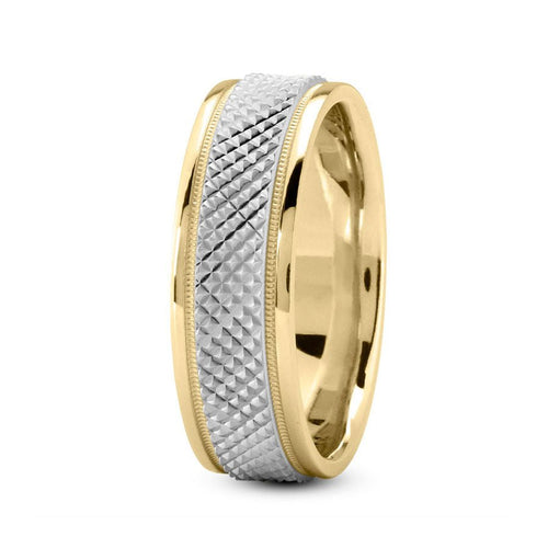 14K Two Tone Gold (White Center) 7mm fancy design comfort fit wedding band with fancy cut and milgrain design - DELLAFORA