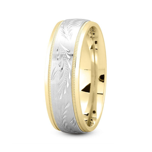 14K Two Tone Gold (White Center) 7mm fancy design comfort fit wedding band with fancy leaf design - DELLAFORA