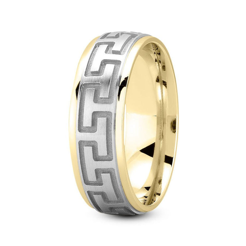 14K Two Tone Gold (White Center) 7mm fancy design comfort fit wedding band with greek design - DELLAFORA
