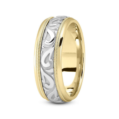 14K Two Tone Gold (White Center) 7mm fancy design comfort fit wedding band with paisley and milgrain design - DELLAFORA