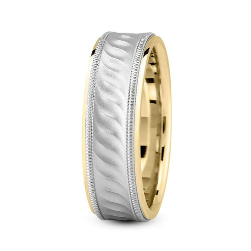 14K Two Tone Gold (White Center) 7mm fancy design comfort fit wedding band with wave and milgrain design - DELLAFORA